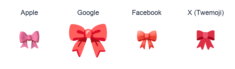 Ribbon emoji artwork compared side by side for Apple, Google Noto, Facebook, and X Twemoji styles on white.