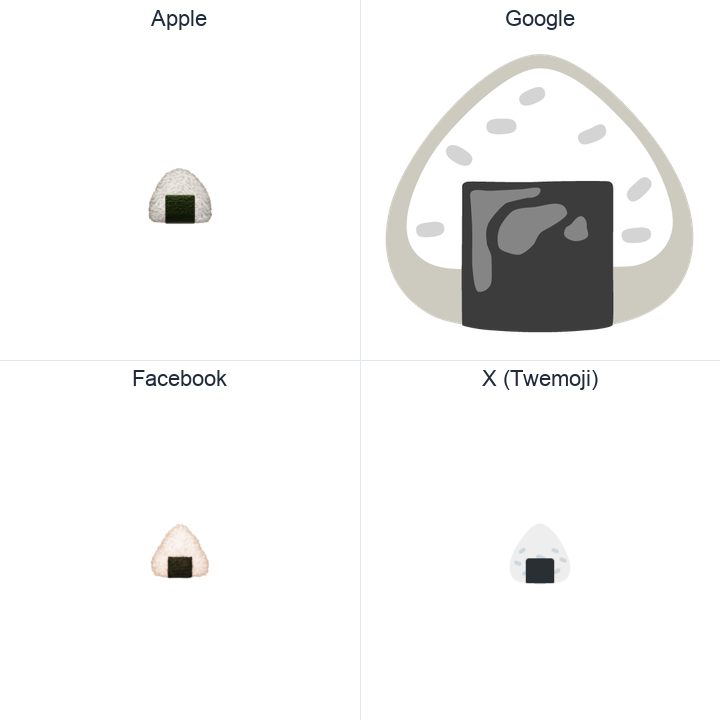 Rice Ball emoji in a square grid: Apple and Google on the top row, Facebook and X Twemoji on the bottom, on white.