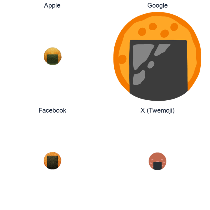 Rice Cracker emoji in a square grid: Apple and Google on the top row, Facebook and X Twemoji on the bottom, on white.