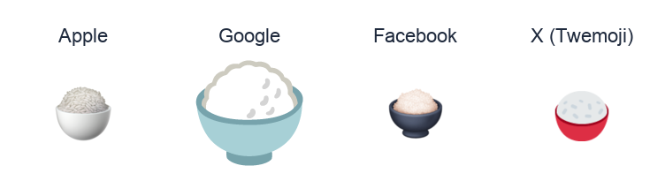Cooked Rice emoji artwork compared side by side for Apple, Google Noto, Facebook, and X Twemoji styles on white.