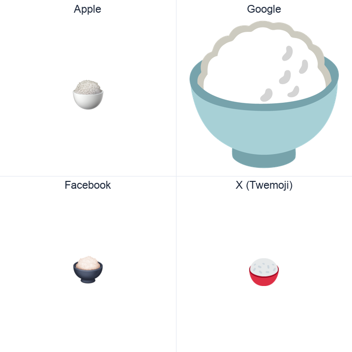 Cooked Rice emoji in a square grid: Apple and Google on the top row, Facebook and X Twemoji on the bottom, on white.