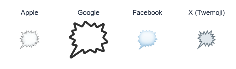 Right Anger Bubble emoji artwork compared side by side for Apple, Google Noto, Facebook, and X Twemoji styles on white.