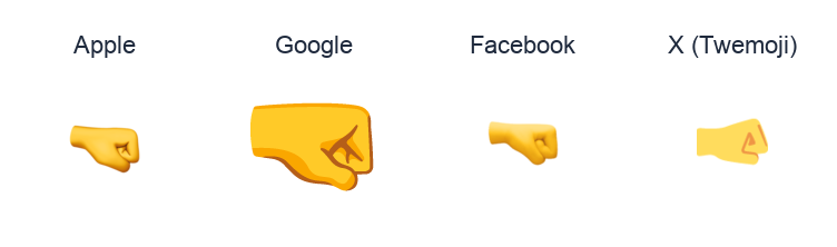Right-Facing Fist emoji artwork compared side by side for Apple, Google Noto, Facebook, and X Twemoji styles on white.