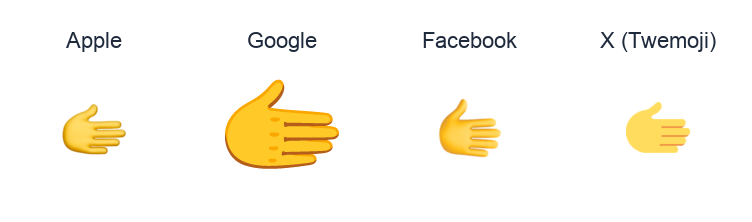 Rightwards Hand emoji artwork compared side by side for Apple, Google Noto, Facebook, and X Twemoji styles on white.