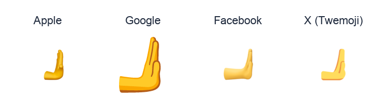 Rightwards Pushing Hand emoji artwork compared side by side for Apple, Google Noto, Facebook, and X Twemoji styles on white.