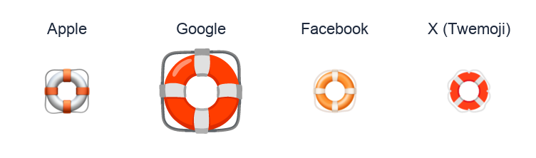 Ring Buoy emoji artwork compared side by side for Apple, Google Noto, Facebook, and X Twemoji styles on white.