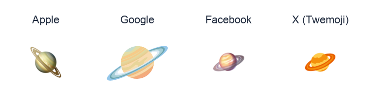 Ringed Planet emoji artwork compared side by side for Apple, Google Noto, Facebook, and X Twemoji styles on white.