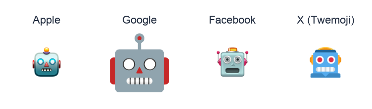 Robot Face emoji artwork compared side by side for Apple, Google Noto, Facebook, and X Twemoji styles on white.