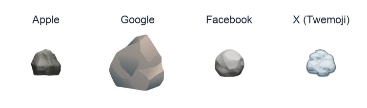 Rock emoji artwork compared side by side for Apple, Google Noto, Facebook, and X Twemoji styles on white.