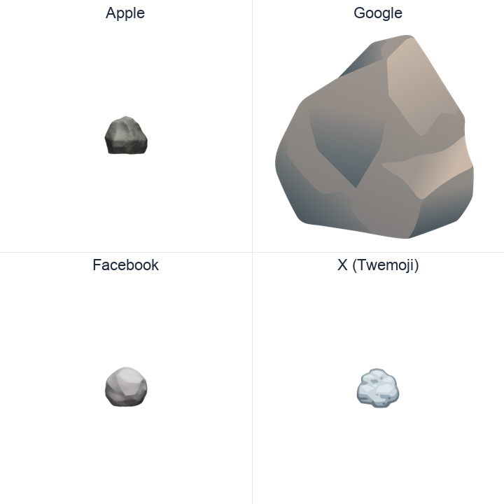 Rock emoji in a square grid: Apple and Google on the top row, Facebook and X Twemoji on the bottom, on white.