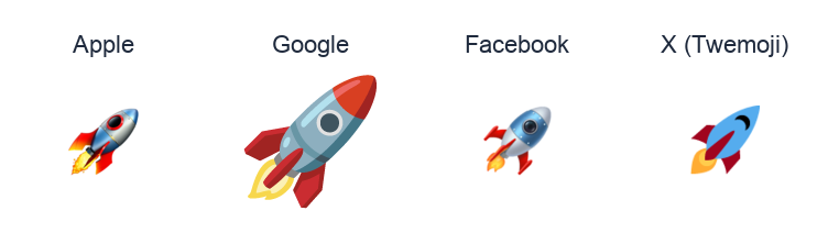 Rocket emoji artwork compared side by side for Apple, Google Noto, Facebook, and X Twemoji styles on white.
