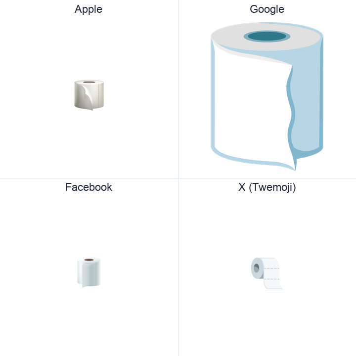 Roll Of Paper emoji in a square grid: Apple and Google on the top row, Facebook and X Twemoji on the bottom, on white.