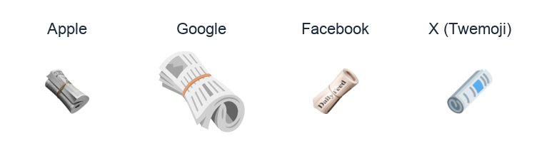 Rolled-Up Newspaper emoji artwork compared side by side for Apple, Google Noto, Facebook, and X Twemoji styles on white.