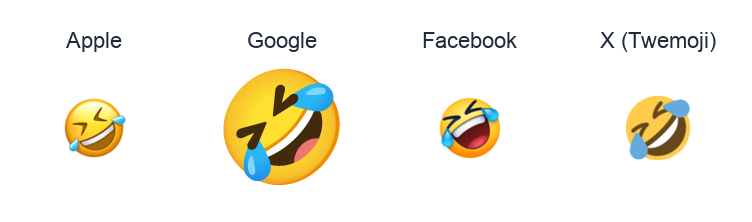 Rolling On The Floor Laughing emoji artwork compared side by side for Apple, Google Noto, Facebook, and X Twemoji styles on white.