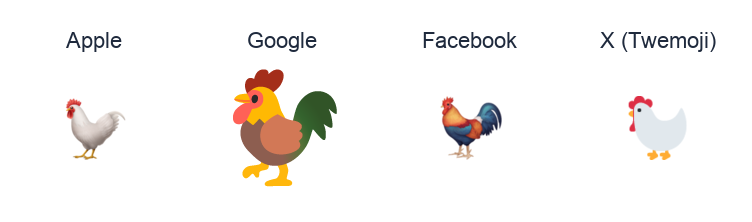 Rooster emoji artwork compared side by side for Apple, Google Noto, Facebook, and X Twemoji styles on white.