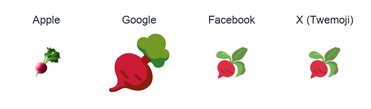 Root Vegetable emoji artwork compared side by side for Apple, Google Noto, Facebook, and X Twemoji styles on white.