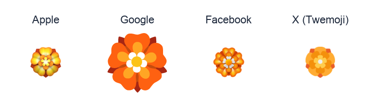 Rosette emoji artwork compared side by side for Apple, Google Noto, Facebook, and X Twemoji styles on white.