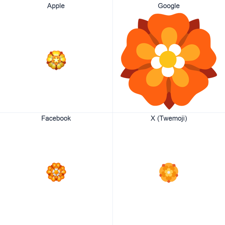 Rosette emoji in a square grid: Apple and Google on the top row, Facebook and X Twemoji on the bottom, on white.