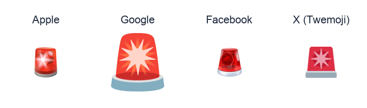 Police Cars Revolving Light emoji artwork compared side by side for Apple, Google Noto, Facebook, and X Twemoji styles on white.