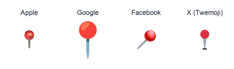 Round Pushpin emoji artwork compared side by side for Apple, Google Noto, Facebook, and X Twemoji styles on white.