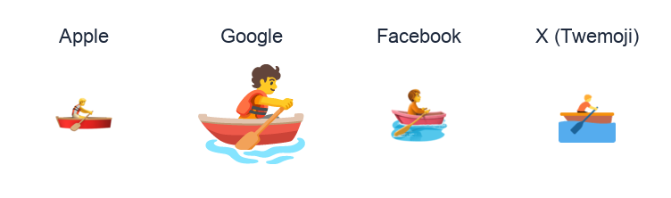 Rowboat emoji artwork compared side by side for Apple, Google Noto, Facebook, and X Twemoji styles on white.