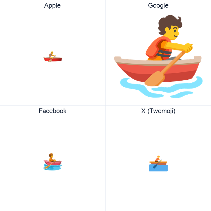 Rowboat emoji in a square grid: Apple and Google on the top row, Facebook and X Twemoji on the bottom, on white.