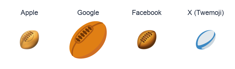 Rugby Football emoji artwork compared side by side for Apple, Google Noto, Facebook, and X Twemoji styles on white.