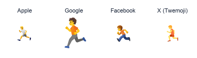 Runner emoji artwork compared side by side for Apple, Google Noto, Facebook, and X Twemoji styles on white.
