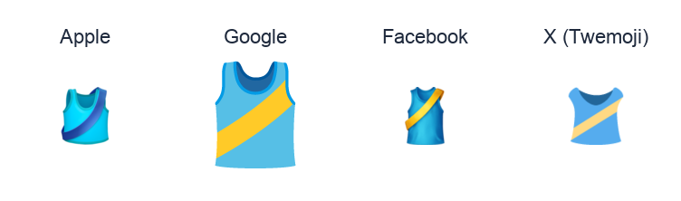 Running Shirt With Sash emoji artwork compared side by side for Apple, Google Noto, Facebook, and X Twemoji styles on white.