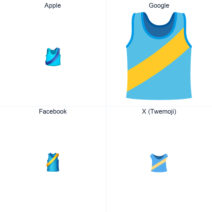 Running Shirt With Sash emoji in a square grid: Apple and Google on the top row, Facebook and X Twemoji on the bottom, on white.