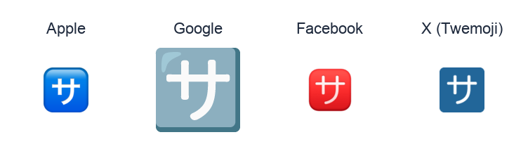 Squared Katakana Sa emoji artwork compared side by side for Apple, Google Noto, Facebook, and X Twemoji styles on white.