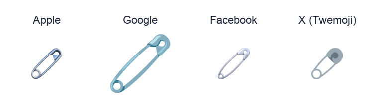 Safety Pin emoji artwork compared side by side for Apple, Google Noto, Facebook, and X Twemoji styles on white.