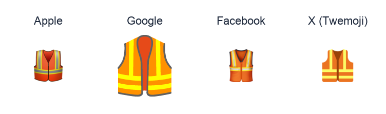 Safety Vest emoji artwork compared side by side for Apple, Google Noto, Facebook, and X Twemoji styles on white.