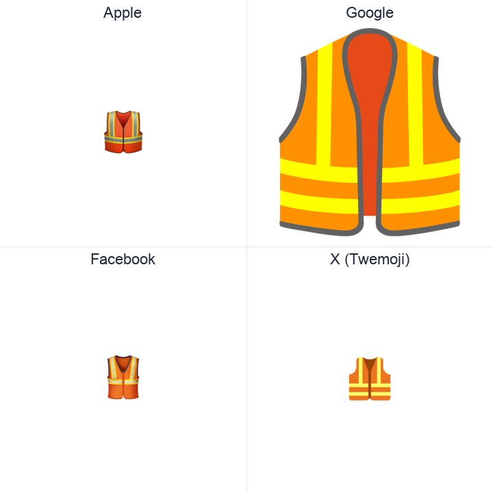 Safety Vest emoji in a square grid: Apple and Google on the top row, Facebook and X Twemoji on the bottom, on white.