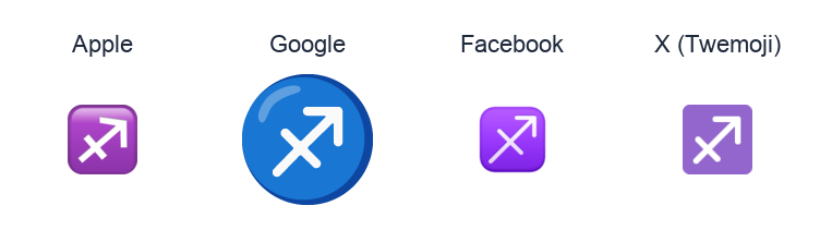 Sagittarius emoji artwork compared side by side for Apple, Google Noto, Facebook, and X Twemoji styles on white.
