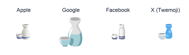 Sake Bottle And Cup emoji artwork compared side by side for Apple, Google Noto, Facebook, and X Twemoji styles on white.