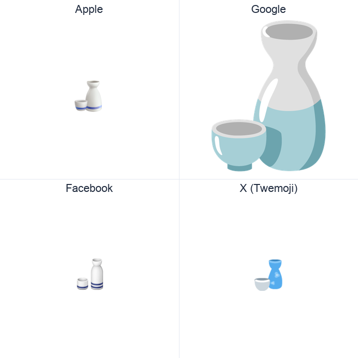 Sake Bottle And Cup emoji in a square grid: Apple and Google on the top row, Facebook and X Twemoji on the bottom, on white.