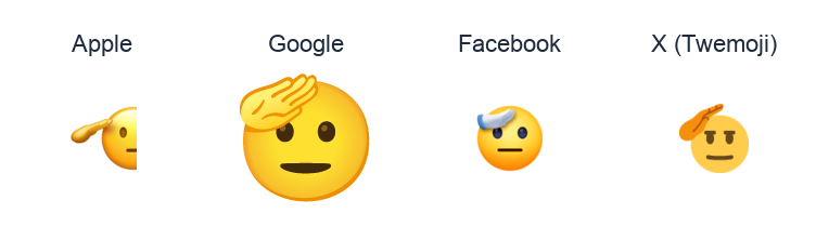 Saluting Face emoji artwork compared side by side for Apple, Google Noto, Facebook, and X Twemoji styles on white.