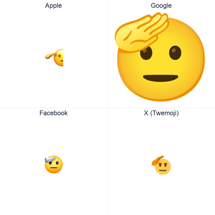 Saluting Face emoji in a square grid: Apple and Google on the top row, Facebook and X Twemoji on the bottom, on white.