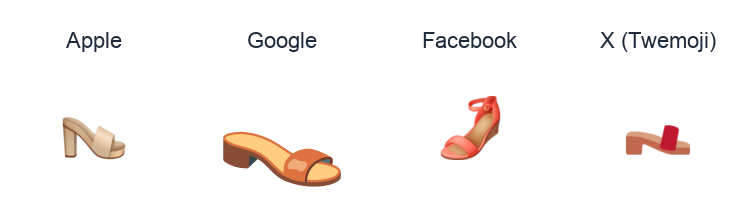 Womans Sandal emoji artwork compared side by side for Apple, Google Noto, Facebook, and X Twemoji styles on white.