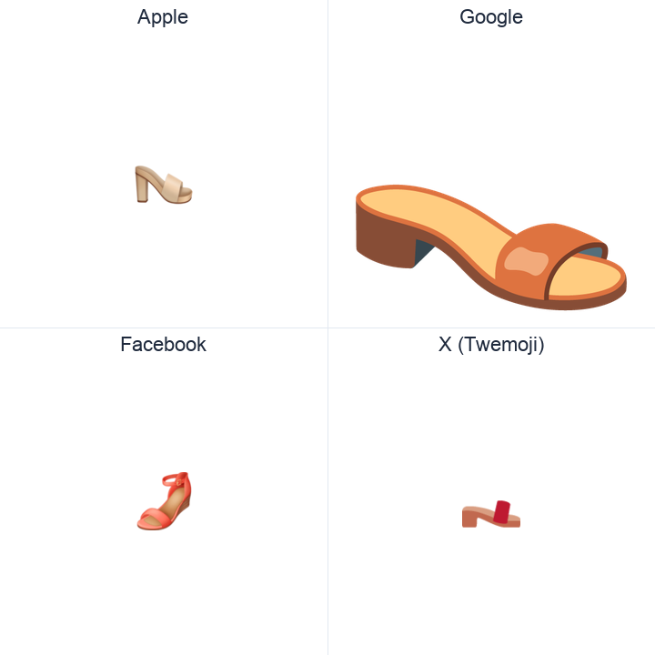Womans Sandal emoji in a square grid: Apple and Google on the top row, Facebook and X Twemoji on the bottom, on white.
