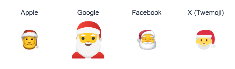 Father Christmas emoji artwork compared side by side for Apple, Google Noto, Facebook, and X Twemoji styles on white.