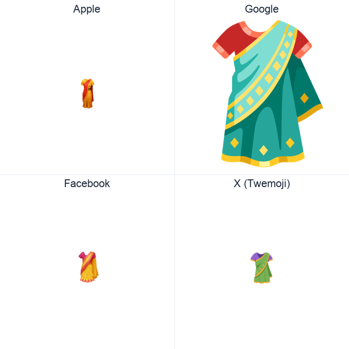 Sari emoji in a square grid: Apple and Google on the top row, Facebook and X Twemoji on the bottom, on white.