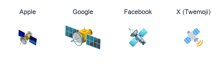 Satellite emoji artwork compared side by side for Apple, Google Noto, Facebook, and X Twemoji styles on white.