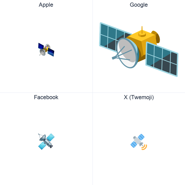 Satellite emoji in a square grid: Apple and Google on the top row, Facebook and X Twemoji on the bottom, on white.
