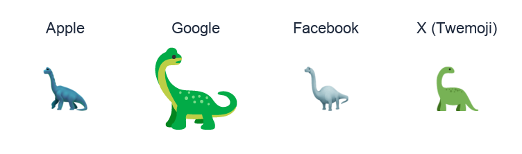 Sauropod emoji artwork compared side by side for Apple, Google Noto, Facebook, and X Twemoji styles on white.