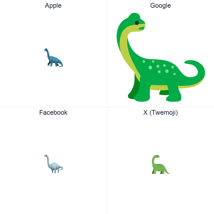 Sauropod emoji in a square grid: Apple and Google on the top row, Facebook and X Twemoji on the bottom, on white.