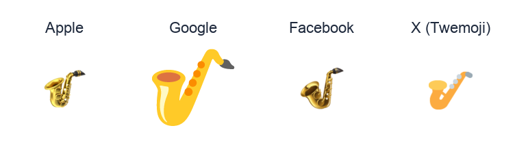 Saxophone emoji artwork compared side by side for Apple, Google Noto, Facebook, and X Twemoji styles on white.