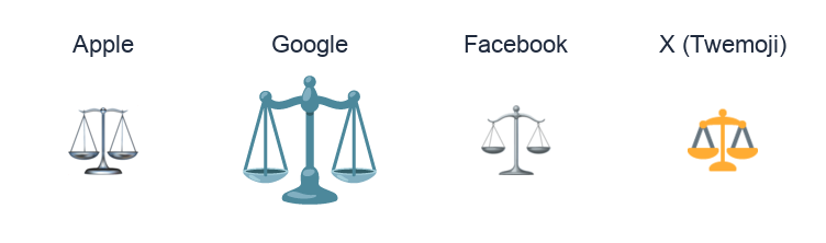 Balance Scale emoji artwork compared side by side for Apple, Google Noto, Facebook, and X Twemoji styles on white.