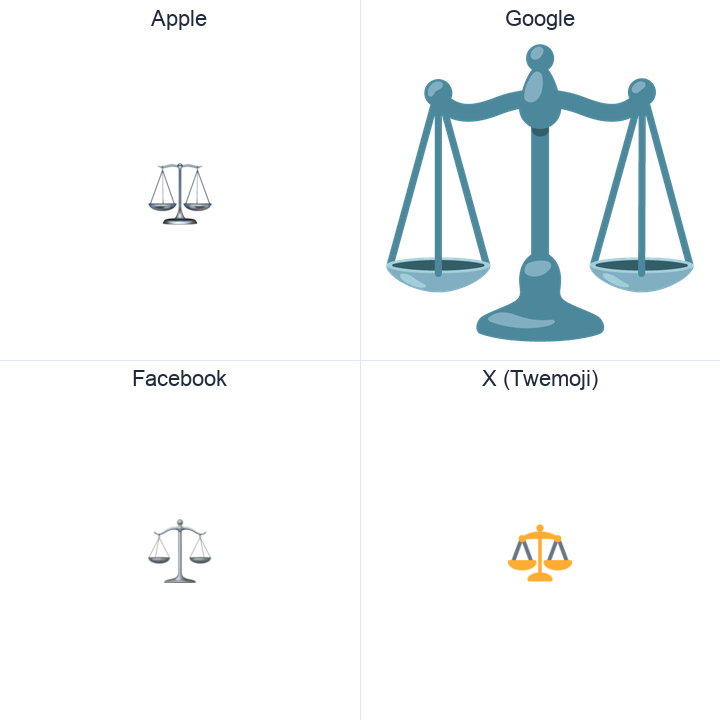 Balance Scale emoji in a square grid: Apple and Google on the top row, Facebook and X Twemoji on the bottom, on white.